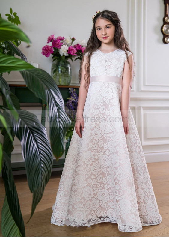 Cap Sleeves Ivory Lace Flower Girl Dress With Rose Lining